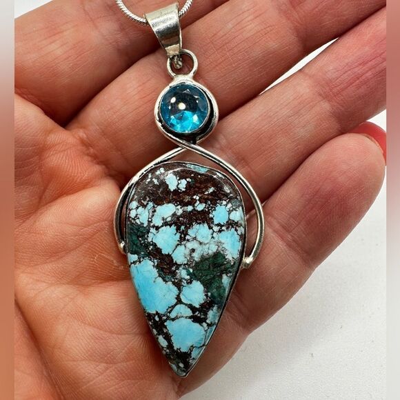 AMAZING Sterling Silver Turquoise and Swiss B. Topaz Pendant, 21" 925 necklace!! - Picture 3 of 11